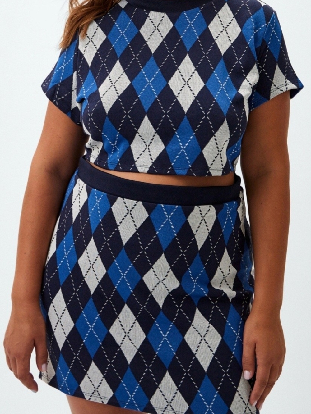 H&M Divided Blue Argyle Preppy Cut-Out Bodycon Mini Dress - Size Large